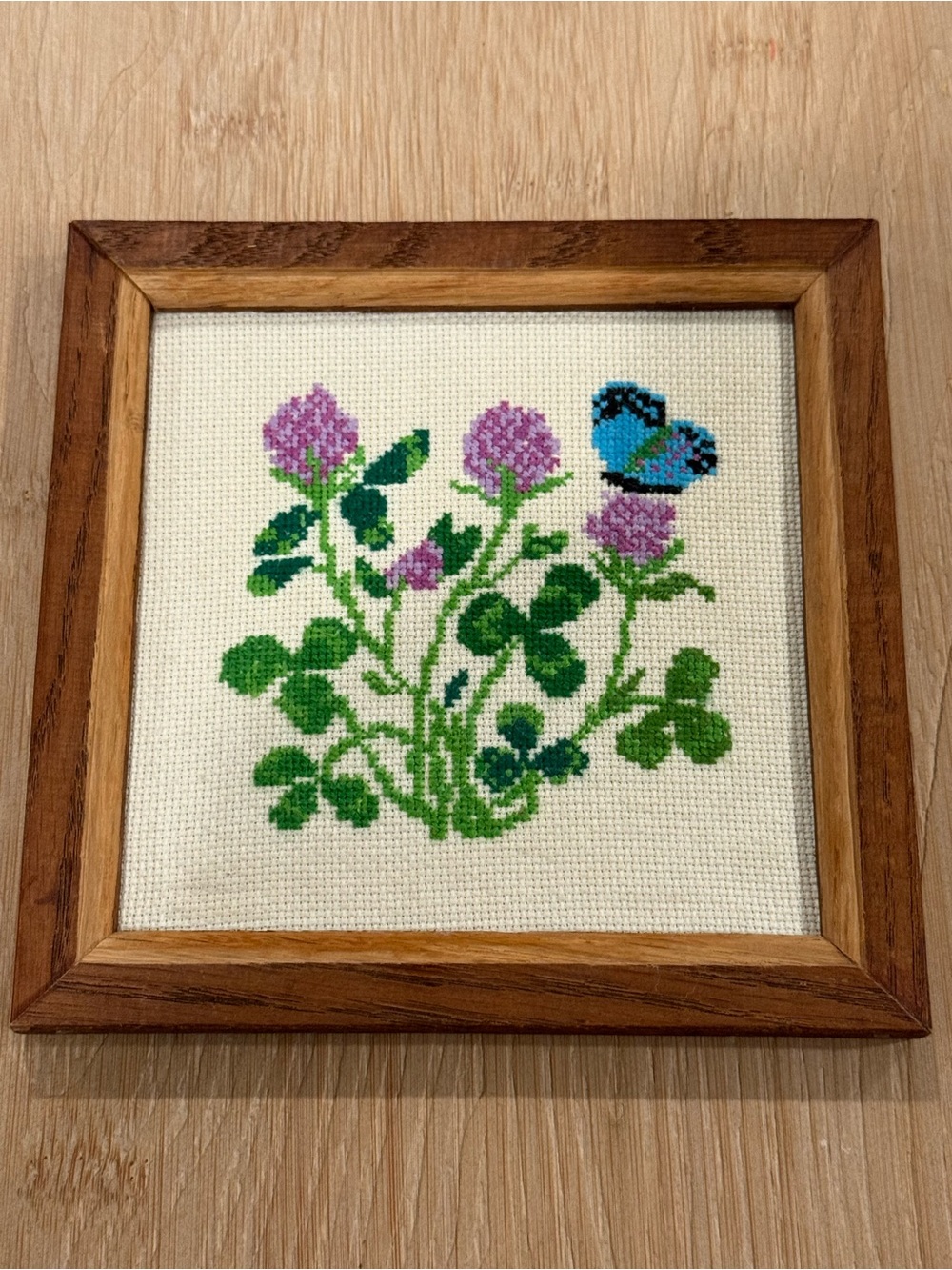 Vintage Butterfly & Clover Cross-stitch Embroidery Framed Cottagecore Whimsical